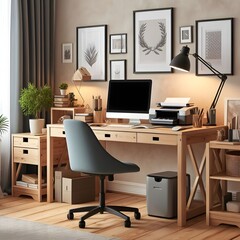 Modern office desk with computer and printer. The desk is made of wood and has a clean, minimalist design. The computer is a sleek, and the printer, white laser printer.