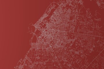 Map of the streets of Benghazi (Libya) made with white lines on red background. Top view. 3d render, illustration