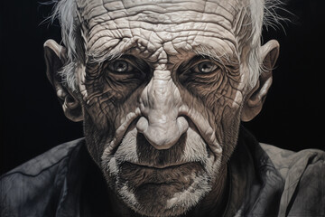 charcoal sketch of an elderly man with deep-set eyes, defined cheekbones, and a weathered expression - obrazy, fototapety, plakaty