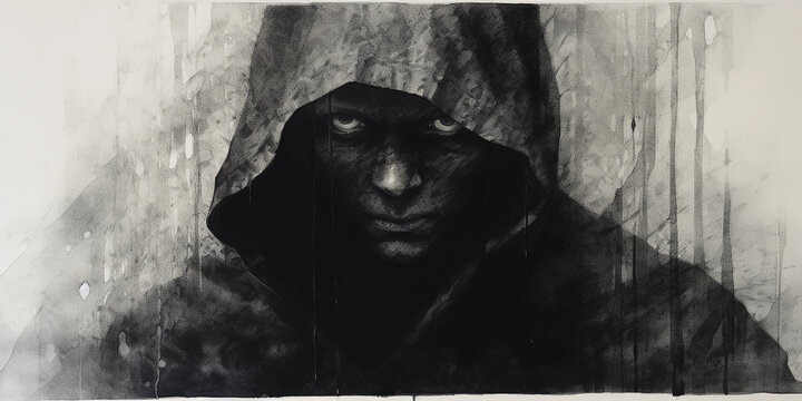 Noir-inspired ink portrait of a mysterious figure, indeterminate descent, shrouded in shadows