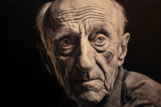 charcoal sketch of an elderly man with deep-set eyes, defined cheekbones, and a weathered expression