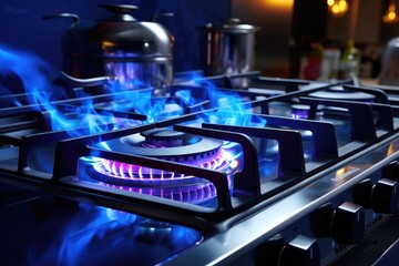 Gas kitchen stove cook with blue flames burning