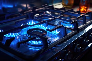 Gas kitchen stove cook with blue flames burning - obrazy, fototapety, plakaty