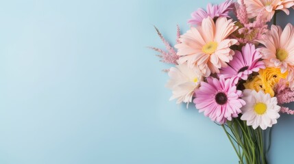 Flat lay view of bouquet of flowers on pastel background