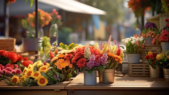 a Farmers Market stall filled with an assortment of vibrant flowers for sale, focusing on the natural beauty and simplicity of the floral arrangements.