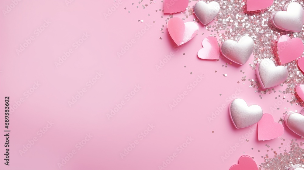 Wall mural silver confetti and pink hearts on a pink background, copy space. background of valentines day conce