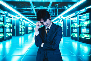 サーバールームで頭を抱えるビジネスマン