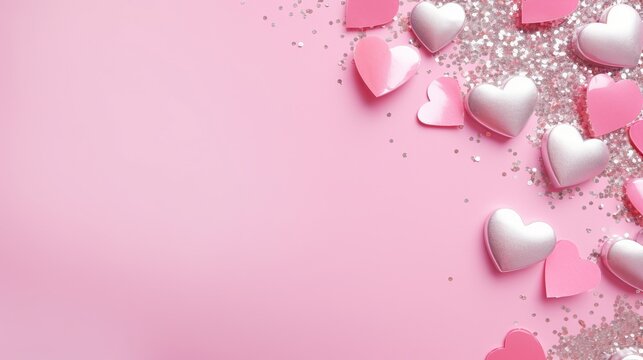 Silver confetti and pink hearts on a pink background, copy space. Background of Valentines day concept.