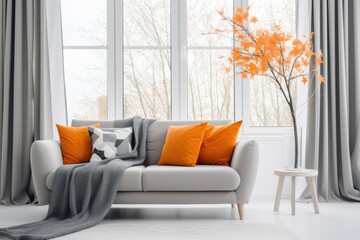 Beige sofa with orange cushions in the contemporary living room interior near the window