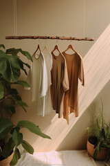 Women's clothing hanging on a hanger in a room with plants