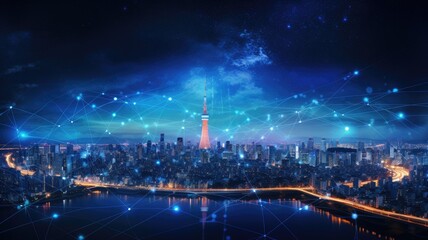 smart network and connection technology, set against the backdrop of city at night, a panoramic view, to symbolize the integration of technology with urban landscapes.