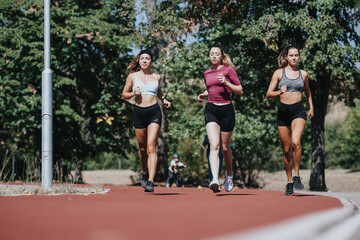 Active Females Enjoying Jogging in a City Park on a Sunny Day.