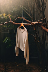 White T-shirt hanging on a tree branch in the garden.