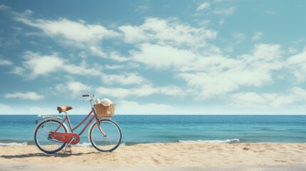 a bicycle near the beach, capturing the serene atmosphere and coastal charm, emphasizing the simplicity and tranquility of the beachside scene.