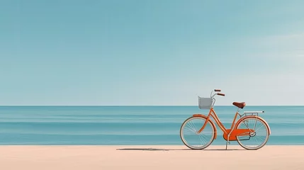 Poster a bicycle near the beach, capturing the serene atmosphere and coastal charm, emphasizing the simplicity and tranquility of the beachside scene. © lililia