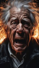 Portrait of a graying wrinkled old man screaming in pain against the backdrop of a fire