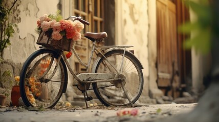 Fototapeta premium an antique bicycle with buckets of flowers parked in front of an old building, emphasizing the vintage charm and simplicity of the scene.