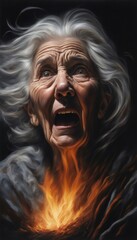 An old gray-haired elderly woman with wrinkles on her face is in pain and screaming, fire bursting out of her chest, on a black background