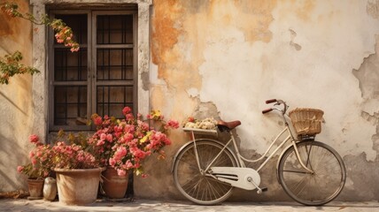 Fototapeta na wymiar an antique bicycle with buckets of flowers parked in front of an old building, emphasizing the vintage charm and simplicity of the scene.