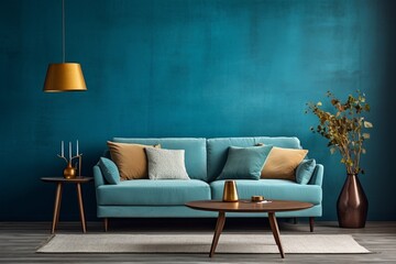 A harmonious blend of comfort and style in a living room against a serene blue wall texture.