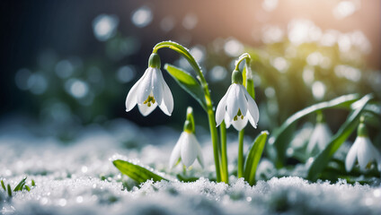 Gorgeous spring flowers snowdrops close up snow