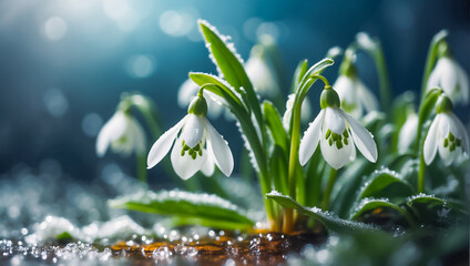 beautiful spring flowers snowdrops close up - obrazy, fototapety, plakaty