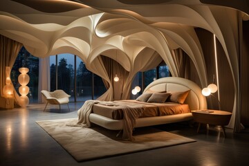 Bedroom with unique ceiling installation of soft, woven fabric  in warm beige tones