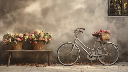 an antique bicycle with buckets of flowers parked in front of an old building, emphasizing the vintage charm and simplicity of the scene.