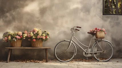 Foto auf Alu-Dibond an antique bicycle with buckets of flowers parked in front of an old building, emphasizing the vintage charm and simplicity of the scene. © lililia