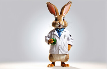 anthropomorphic caricature Rabbit wearing a chemistry clothing with chemical tools
