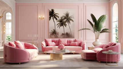Fototapeta premium A harmonious fusion of modern and classic elements in a pink-themed living room, anchored by a plush velvet sofa.