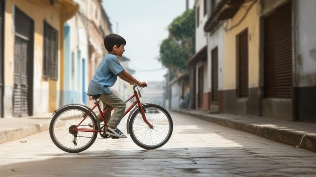 a boy walking with a bicycle on the street, a minimalist, modern style, highlighting the simplicity and youthful energy of the street scene.