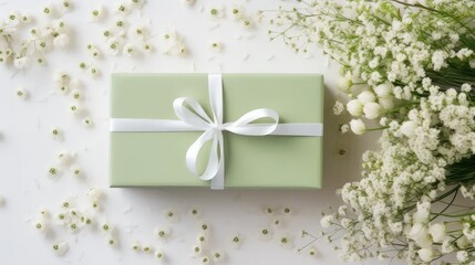 gift box and gypsophila flowers, flat style to showcase the elements from top to bottom.