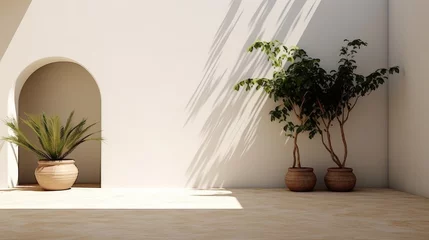 Zelfklevend Fotobehang Mediterranean minimalist wall and plant exterior architecture during the soft golden hour sunlight. © Светлана Канунникова