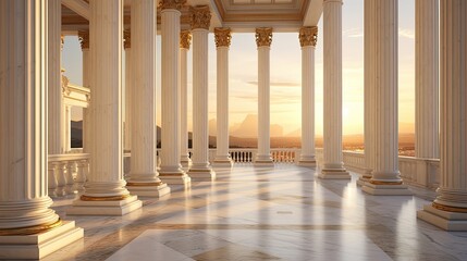 classical columns during the golden hour, allowing the warm sunlight to highlight the texture of the white marble,