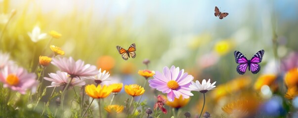 Obraz na płótnie Canvas Spring meadow with butterflies banner