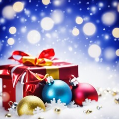 Naklejka na ściany i meble Christmas Gifts box on a snowy background, A bokeh background effect.
