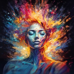 A colorful glowing woman portrait, creative abstract multicolor explosion of ideas, bright ideas