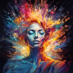 Fototapeta premium A colorful glowing woman portrait, creative abstract multicolor explosion of ideas, bright ideas