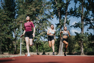 Young fit girls jogging in a city park on a sunny day, enjoying outdoor sports and staying active. They are training together and getting in shape, with athletic bodies and positive atmosphere.