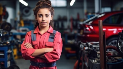 Latina girl wearing auto mechanic clothing and tool