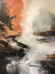 abstract painted style hazy, smoky hot spring river in natural setting