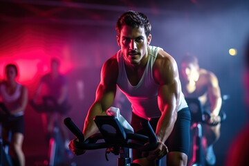 Fit young man in sportswear riding a stationary bike during a cycling class at the gym.