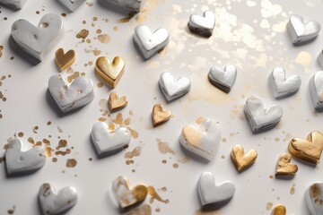 Silver and golden heart shapes background, Valentine Day symbols. Generative AI