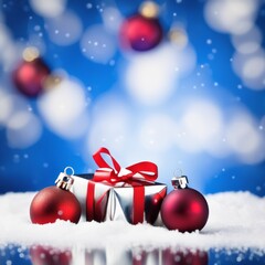 Naklejka na ściany i meble Christmas Gifts box on a snowy background, A bokeh background effect.