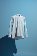 White shirt hanging on blue wall, 3d rendering. Computer digital drawing.