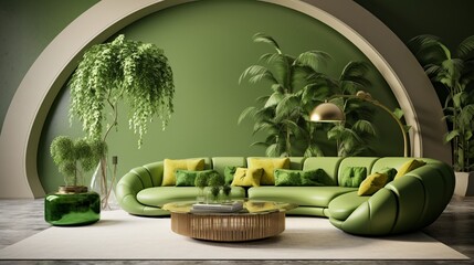 A living room setup incorporating contemporary furnishings and a captivating green arch, creating a stylish ambiance.