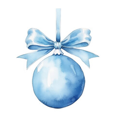 Blue Christmas ball and ribbon bow watercolour illustration. clipart for design. Christmas elements. isolated on transparent background.
