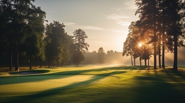 green fresh manicured lawn of golf court in the morning sunrise.