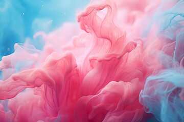Fototapeta premium Soft clouds of pink and blue ink in water, creating a dreamy and delicate abstract composition full of grace and serenity.